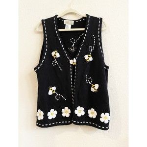 Vintage Black Vest with White Floral Embroidery